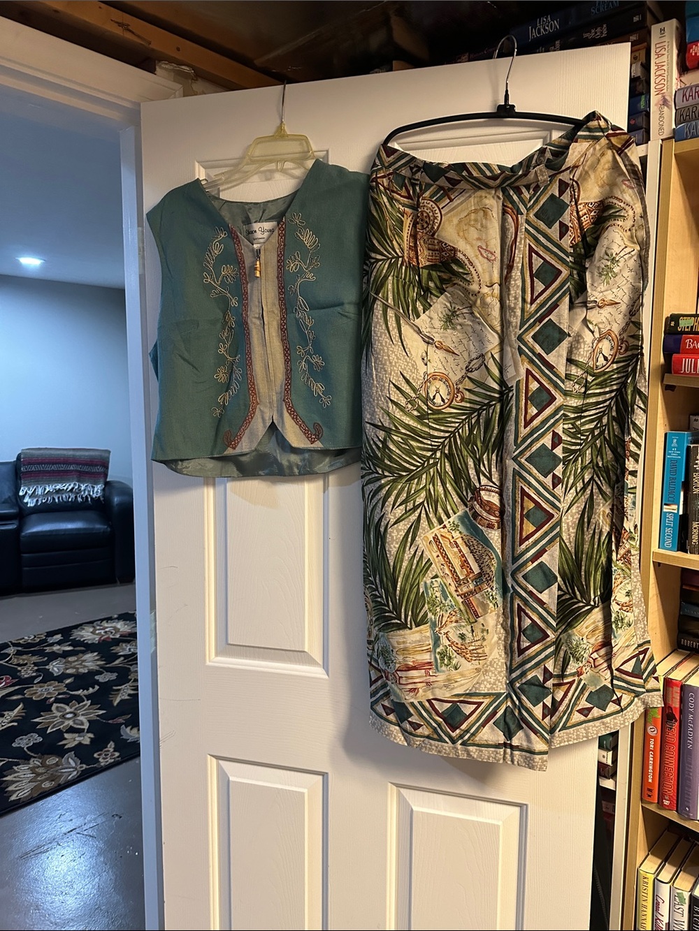 Women's Tropical Print Midi Skirt in Green and Cream and vest